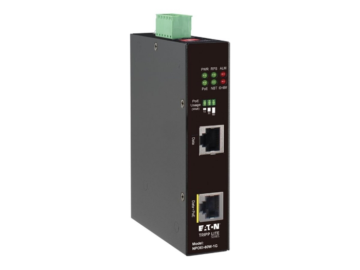 Bild på Eaton Tripp Lite Series Industrial Gigabit Ethernet PoE injector, 60W PoE++, 802.3bt, Midspan, -40C to +75C, IP30 housing, Dual 24~57VDC , DIN rail, 1 Port